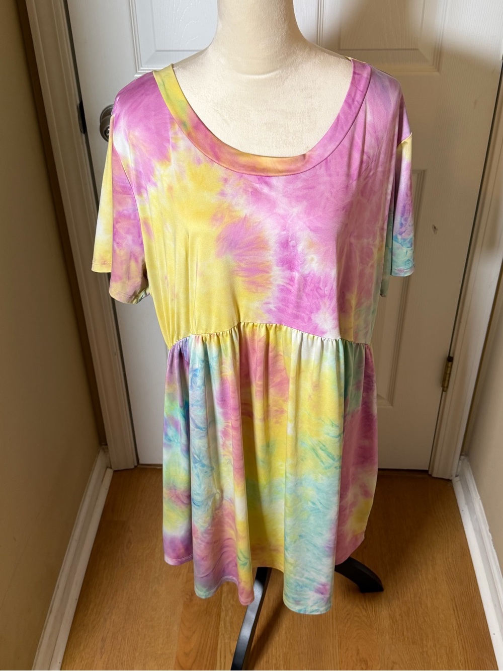 Haptics Women's Short Sleeve Tie-Dye Babydoll Tunic in Pink, Yellow, Blue 3X